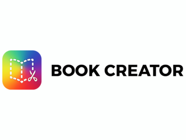 Colourful icon with dotted book and scissors, and beside it has letters that say "Book Creator"