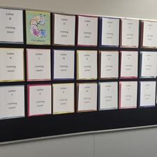 Bulletin board prepared for a school alphabet exchange project, showing spaces for letters A–Z. Most spaces read “coming soon,” with a completed caterpillar-themed letter C and information about a letter exchange with schools across British Columbia.
